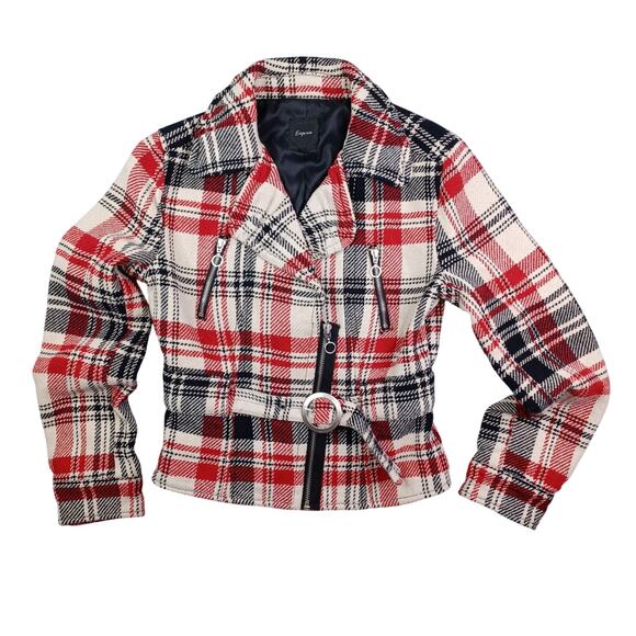 Express Women Plaid Wool Blend Moto Belted Jacket Medium Black Red Preppy Bomber - Picture 2 of 14